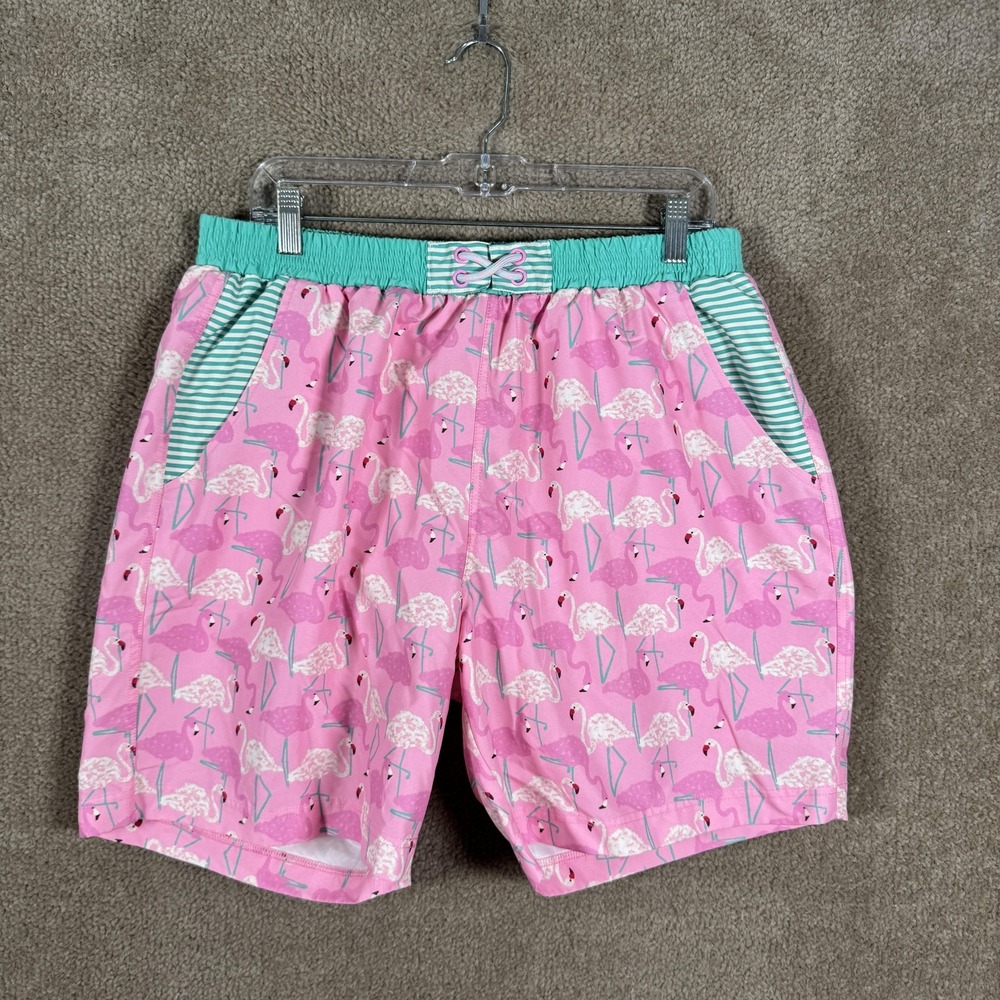 Matilda Jane Shorts Mens XL Pink Teal Flamingo Swim‎ Board Stripe Print Trunks